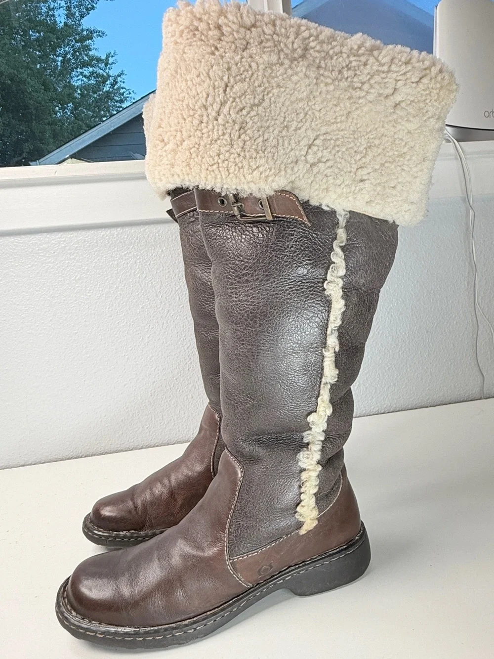 Born Leather Shearling Fold Over Tall Boots Brown Womens Size 8 EU 39